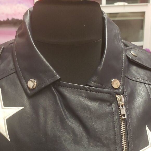 Leather jacket Embroidered white stars size L 10-12 - Picture 5 of 8